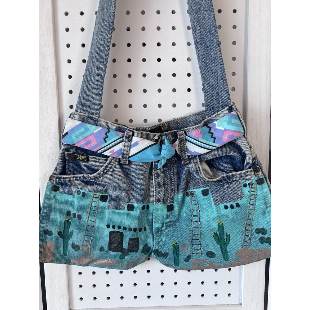 VTG Lee Denim Jeans Shoulder Bag Purse Handpainted Southwestern 90s Belted - Picture 2 of 11